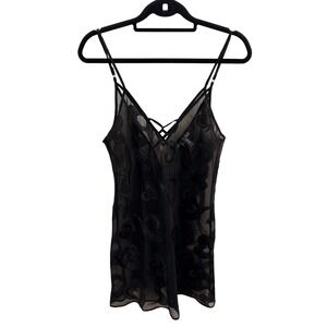 Morgan Taylor Intimates Black Sheer‎ Heart Burnout Chemise Nightgown Womens M